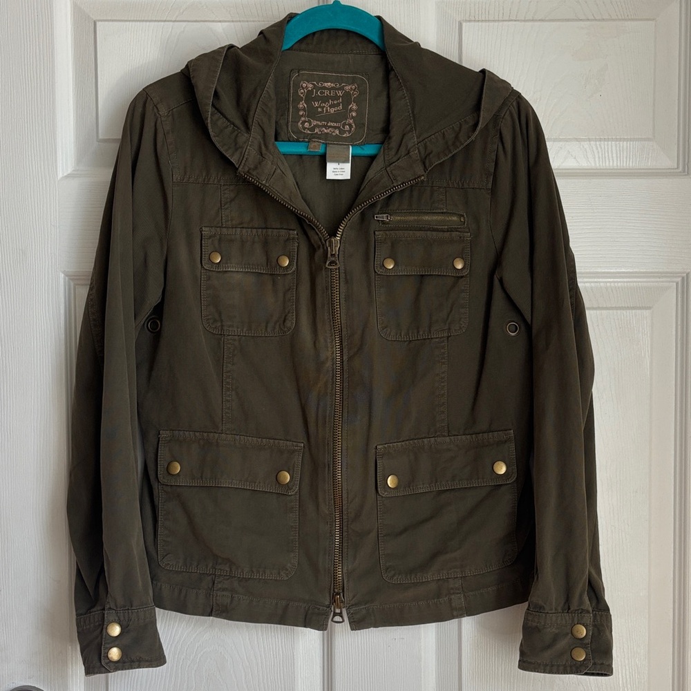 J. Crew Washed & Aged Olive Green Hooded Utility Jacket 100% Cotton Size 8 Gorp